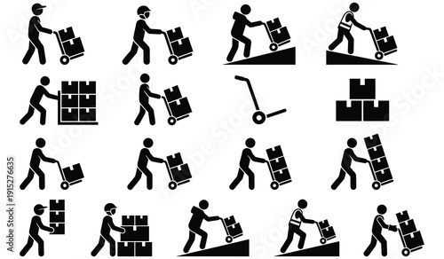  Delivery Man Hand Truck Silhouette Vector Icon Set – Courier Pushing Dolly with Cardboard Boxes, Logistics Worker Icons