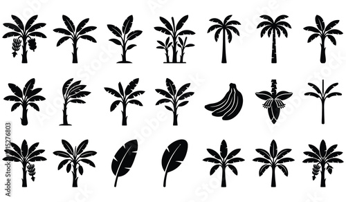 Banana Tree Silhouette Vector Icon Set – Tropical Plant with Large Leaves and Hanging Fruit, Black Clipart Collection