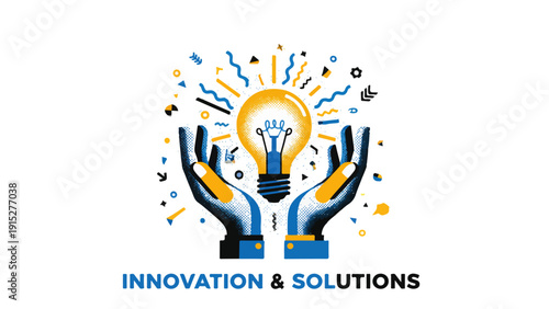 Glowing symbol of creativity supported by open palms, representing visionary thinking, technological progress, and dynamic problem solving success.