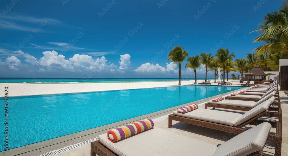 Fototapeta premium High class hotel pool with vibrant turquoise water and striped towels at a quiet beach location