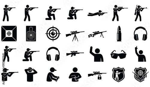  Rifle Shooting Silhouette Vector Icon Set – Target Practice Hunter Shooter Poses, Black Clipart Collection