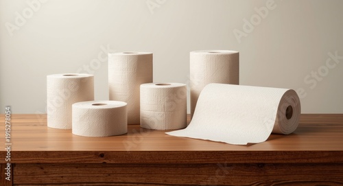 Various paper hand towels displayed on a smooth finished wood counter