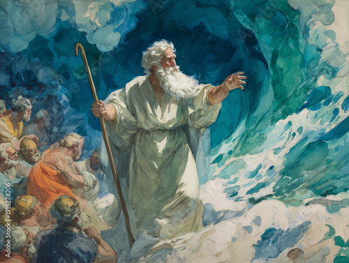 Biblical scene of the Exodus: Moses leading Israelites through the parted Red Sea, Generative ai