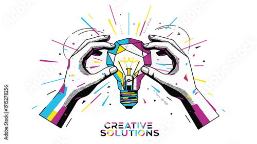 Colorful creative concept showing illuminated glass symbol held by expressive gestures, representing inspiration, innovation, and dynamic problem solving energy.