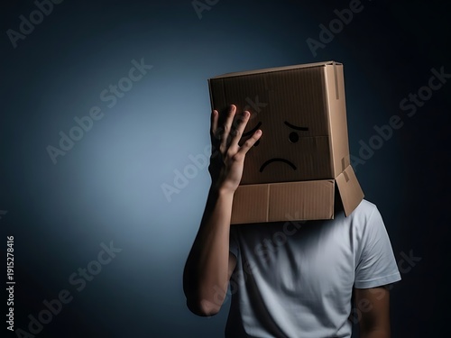 Distressed Man with Sad Cardboard Box Mask. Generative Ai
