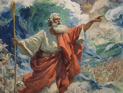 Watercolor painting of Moses parting the Red Sea with towering walls of water, Generative ai