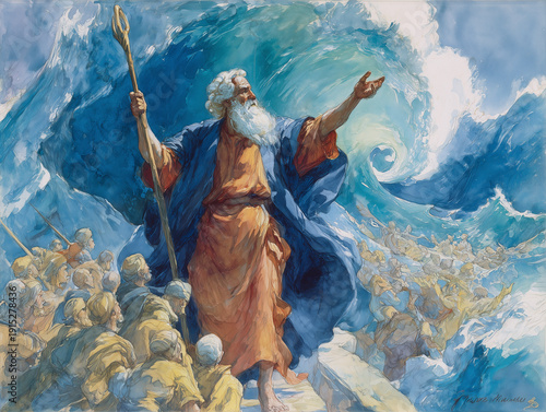 Painted watercolor of the miracle at the Red Sea with divine light, Generative ai
