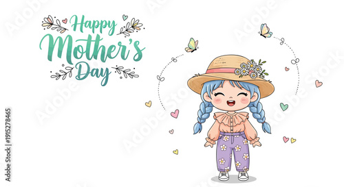 Vector illustration of a smiling cartoon girl with blue braids and a hat surrounded by butterflies and flowers on Mother's Day greeting