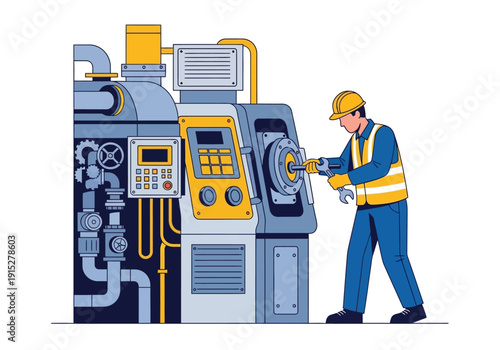 Cartoon Illustration of a Worker Repairing Industrial Machinery with a Wrench