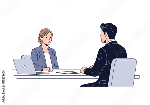 Business Meeting Illustration: Woman and Man at Desk