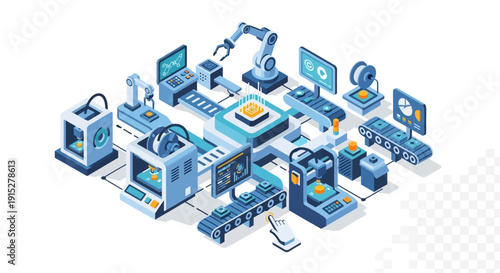 Isometric illustration of industrial machinery and computer systems.