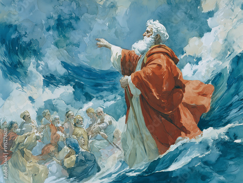 Dramatic watercolor illustration of the Israelites crossing the Red Sea, Generative ai