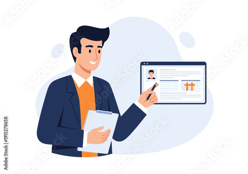 Man Reviewing Online Profile with Clipboard and Pen, Business Concept