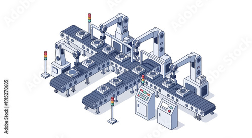 Isometric illustration of an industrial manufacturing production line with various machinery and equipment.