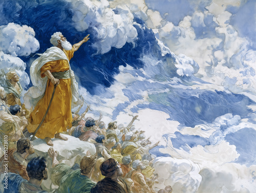 Artistic depiction of Moses and the great deliverance at the Red Sea, Generative ai