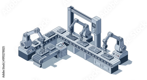 Industrial robotic arms assembly line manufacturing process.