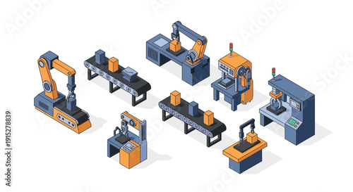 Isometric illustration of various industrial robotic machines and equipment.