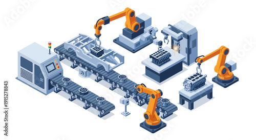 Industrial robotic arms assembly line manufacturing process.