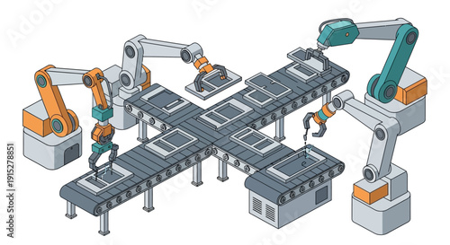 Industrial robotic arms working on a production assembly line.