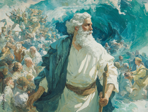 Soft blue and gold watercolor of the Red Sea parting for the Hebrew nation, Generative ai