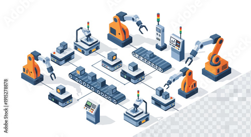 Industrial Automation Factory with Robots and Machinery.