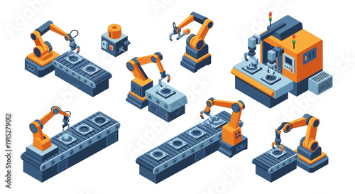 Industrial robotic arms and machinery in a factory setting.