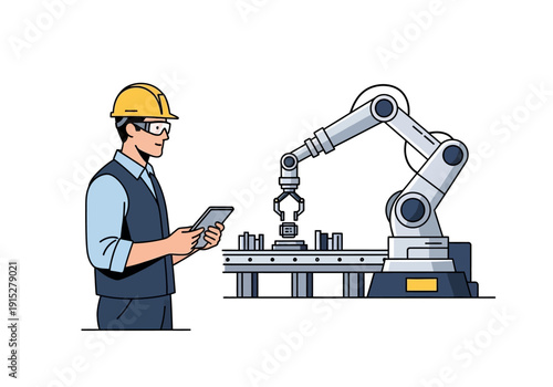 Engineer Overseeing Robotic Arm Assembly Line with Tablet