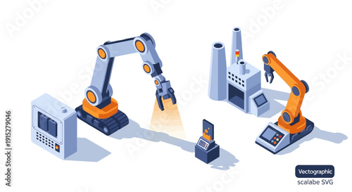 Industrial robotic arms working in a modern factory setting.