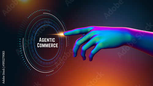 Glowing neon hand interacting with circular digital interface visualizing agentic commerce and autonomous finance agents