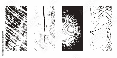 Abstract black and white textures resembling brush strokes and distressed patterns