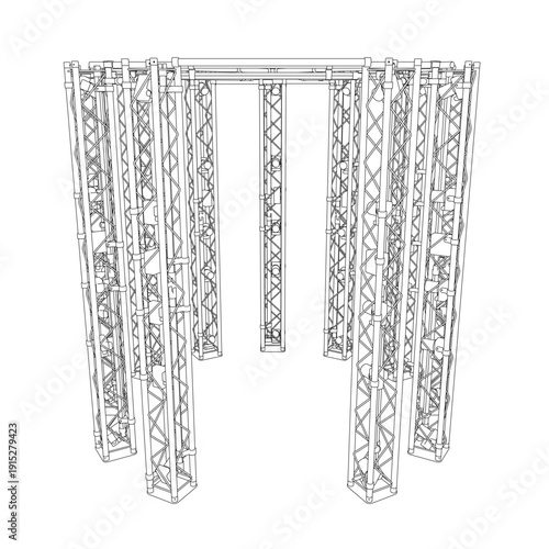 A panoramic 3D model scans the intricate contour of a symmetrical metal truss system. Its glossy sections connect along the entire length for a modern structural design.