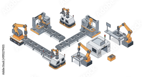 Industrial robotic arms assembly line with various machines and equipment.