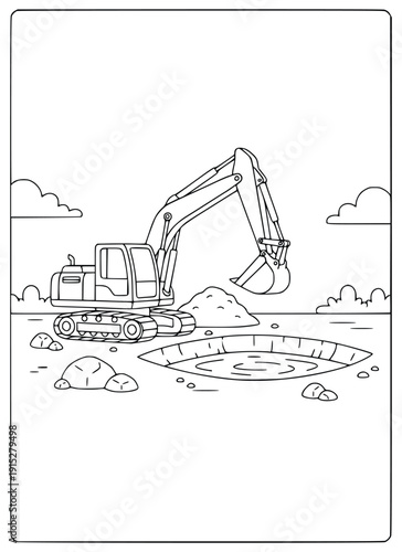 Excavator coloring page for kids showing a heavy machine digging a trench