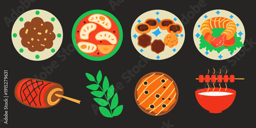 Colorful illustration of various food items on a dark background