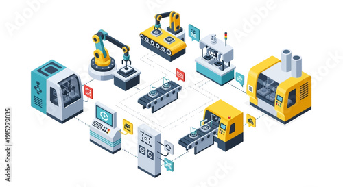 Industrial machinery and robotic equipment in a manufacturing process.