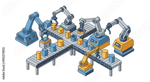 Industrial robotic arms working on a production line with conveyor belts and machinery.