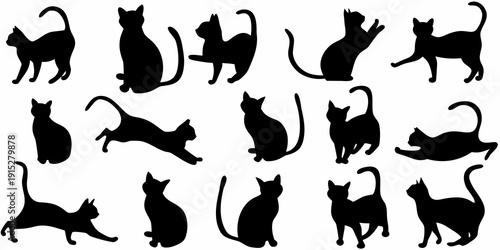A collection of black silhouettes depicting various cat poses and profiles