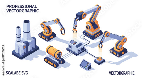 Industrial robotic arms and machinery vector illustration.