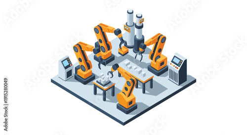 Industrial robots working together in a modern factory setting.