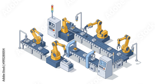 Industrial robotic arms assembly line with automated manufacturing process.