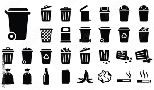Trash Bin Silhouette Vector Set – Garbage Can Waste Container Icons, Recycle Litter Cleanup Solid Black Clipart Collection

