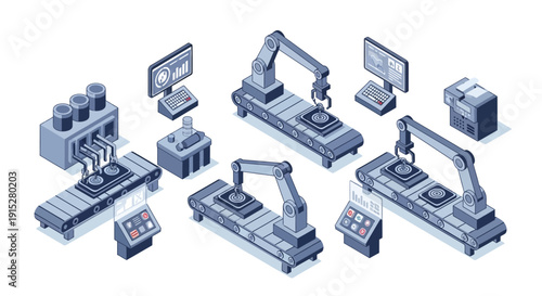 Industrial robotic arms and computer workstations in a manufacturing setting.