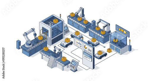 Isometric illustration of a modern industrial manufacturing facility with various machinery and equipment.