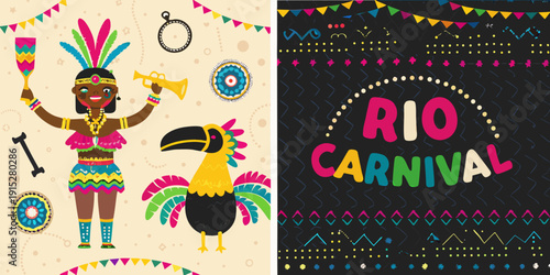 Colorful illustration depicting a carnival performer and vibrant rio carnival design