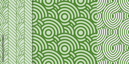 Repeating green patterns chevron arcs and flowing wave designs