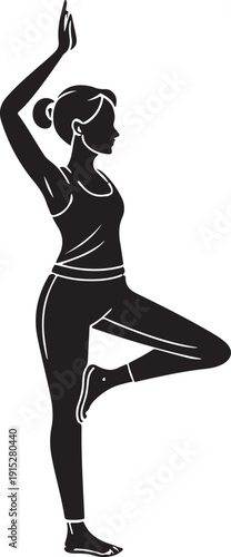 Premium Black Silhouette Fitness Woman Doing Yoga Pose Tree Position Modern Minimal Isolated Vector Transparent Background Illustration