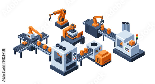 Industrial factory machines and robotic arms assembly line.