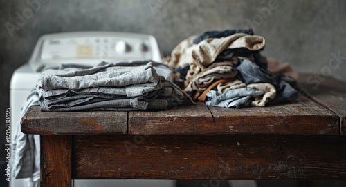 Unsharp image of washer and clothes by a thick wooden table surface