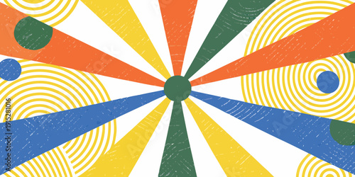 Colorful abstract radial burst with swirling lines and scattered circles