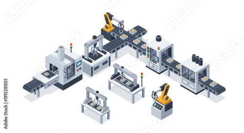 Industrial robotic manufacturing assembly line with automated machinery.